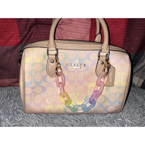 Coach Handbags - Coach Multicolor Signature Canvas Handbag with chain in Pink